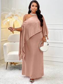 BIUBIU 加大不对称领口斗篷袖连衣裙