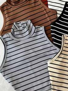 Winter Striped High Neck Tank Top - Xám - Xem 2