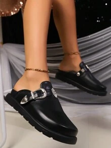 Women's Fashion Comfy Rivet Embellished Black Wedge Heel Platform Dress Shoes Valentines,Mule Shoes - Black - View 5