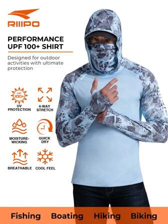 RIIIPO 春夏 RIIIIPO 男士 UPF 100+ 防晒衬衫，高性能钓鱼衬衫，主动排汗，速干，透气，四向拉伸，轻便，抗皱，加长袖，带帽户外运动防晒衣，可折叠防风绑腿，拇指孔，内置超细纤维镜头清洁剂，适用于海滩、划船、徒步旅行、狩猎、水上运动
