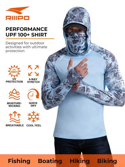 RIIIPO 春夏 RIIIIPO 男士 UPF 100+ 防晒衬衫，高性能钓鱼衬衫，主动排汗，速干，透气，四向拉伸，轻便，抗皱，加长袖，带帽户外运动防晒衣，可折叠防风绑腿，拇指孔，内置超细纤维镜头清洁剂，适用于海滩、划船、徒步旅行、狩猎、水上运动