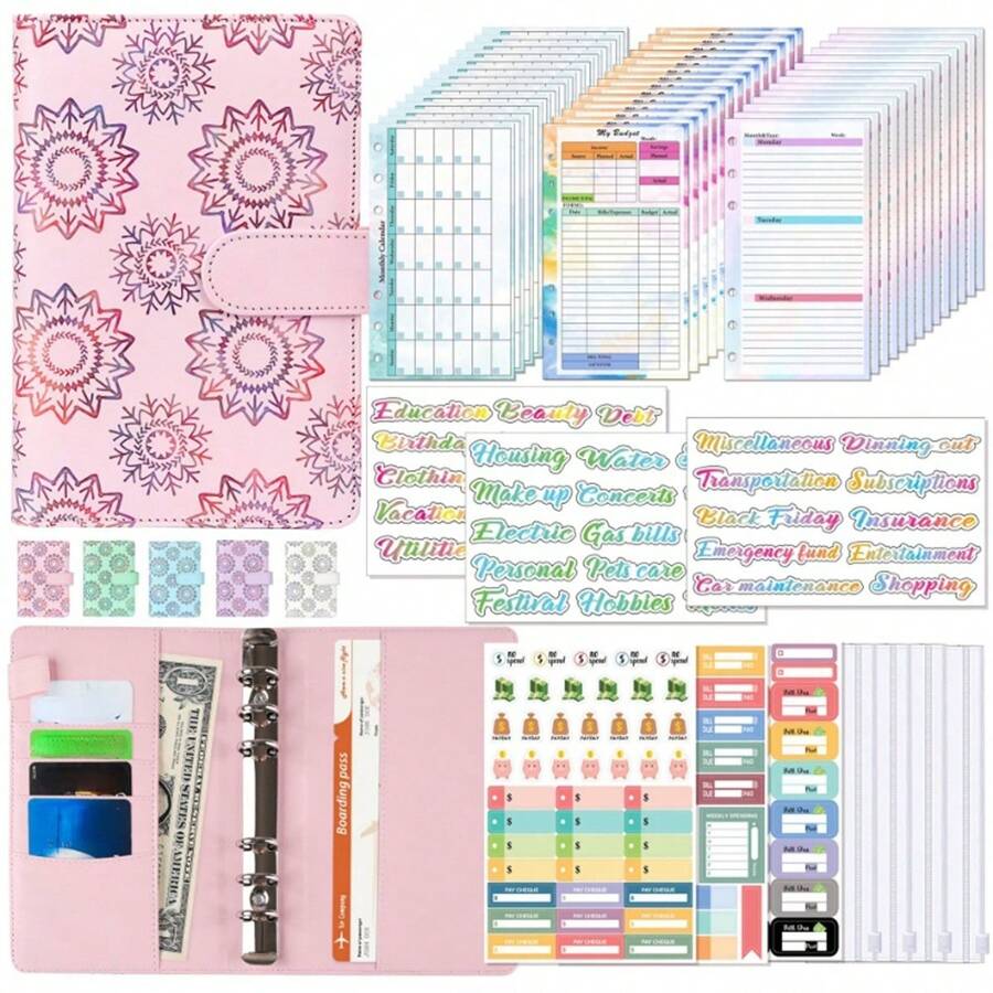 现金信封省钱挑战预算活页夹，配有笔记本和彩色贴纸，1 件 A6 PU 皮革省钱活页夹，预算活页夹省钱活页夹，万圣节、圣诞节、感恩节的完美礼物