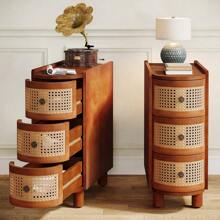 Tribesigns Solid Wood End Table, 3-Drawer Rattan Side Table, Night Stand With 3 Rattan Drawers And Exquisite Embossed Handles For Living Room, No Assembly Required (Walnut & Oak - Walnut - View 7