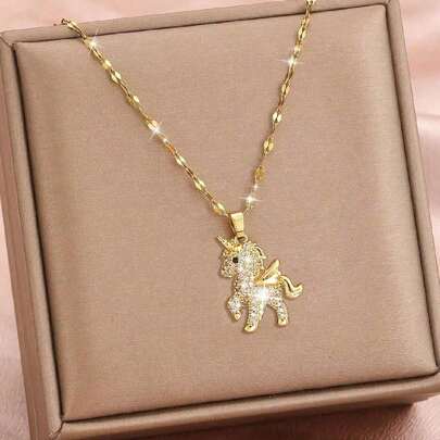 1pc Kids Exquisite Fashionable Unicorn Pendant Copper & Zirconia Necklace With Stainless Steel Chain For Girls Sweet Lovely Delicate Shiny Party Banquet Holiday Festival Jewelry Gift For Children Birthday Gift And Daily Decoration