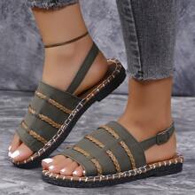 Women Flat Sandals, Button Elastic Woven Slip-On Flat Sandals Slippers, Solid Color Open Toe Non-Slip Slippers For Outdoor And Indoor Use, Army Green - Army Green - View 4