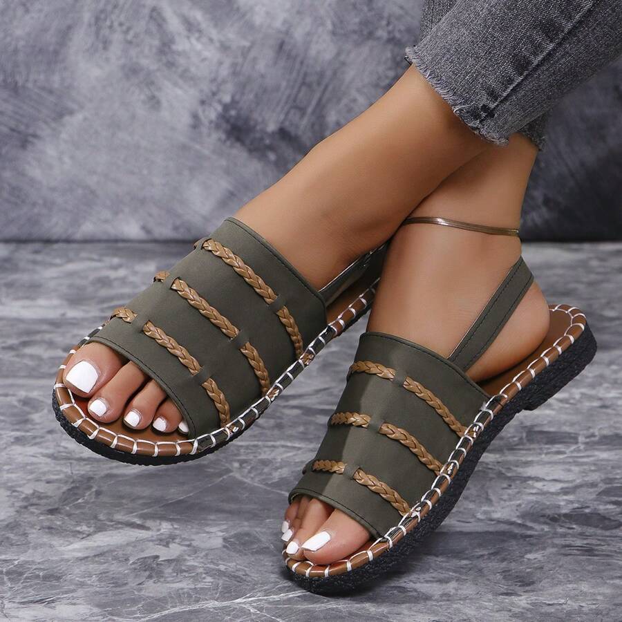 Women Flat Sandals, Button Elastic Woven Slip-On Flat Sandals Slippers, Solid Color Open Toe Non-Slip Slippers For Outdoor And Indoor Use, Army Green - Army Green - View 1