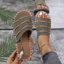 Women Flat Sandals, Button Elastic Woven Slip-On Flat Sandals Slippers, Solid Color Open Toe Non-Slip Slippers For Outdoor And Indoor Use, Army Green - Army Green - View 5