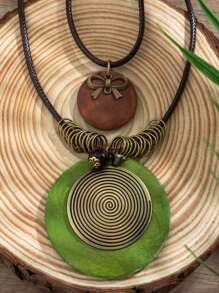 2pcs/set Vintage Round Wooden Pendant Necklace for Women, a Versatile  Long Beaded Necklace with Wax Thread, Ideal for Couples' Accessories