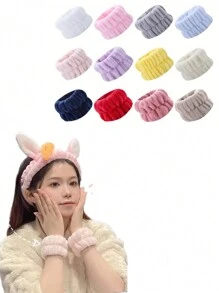 1 套蓬松头带和腕带，纯色、弹性、吸水兔耳装饰，适用于洗脸、化妆、户外运动 - 多色 - 查看 1