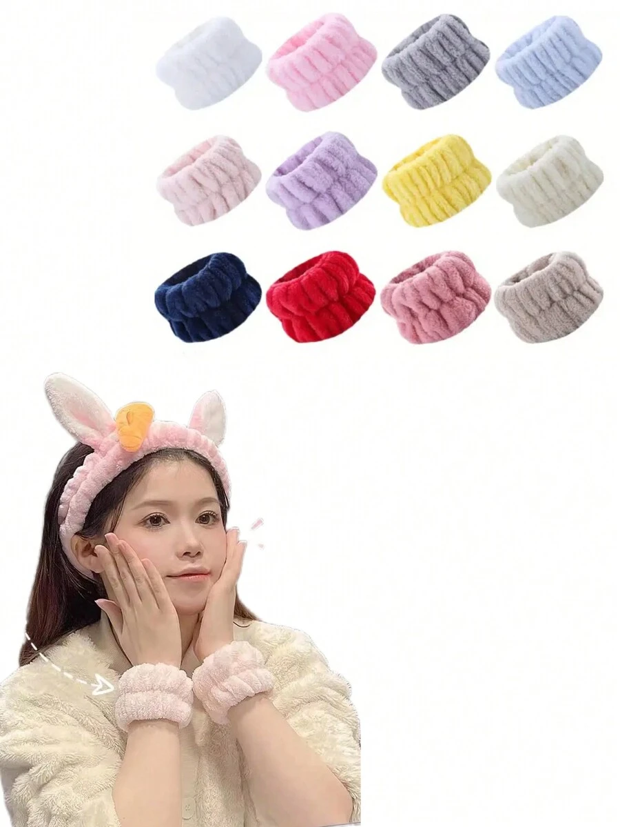1 套蓬松头带和腕带，纯色、弹性、吸水兔耳装饰，适用于洗脸、化妆、户外运动 - 多色 - 查看 1