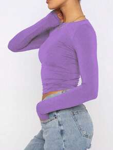 Women's Solid Basic Round Neck Long Sleeve Cropped Slim Fit T-Shirt - Purple - View 5