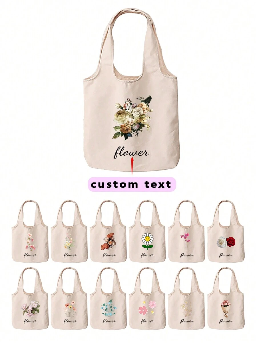 1 Túi Tote Canvas In Hoa, Có Thể Tùy Chỉnh Với Tên Hoặc Cụm Từ, In 2 Mặt, Giản Dị Và Phong Cách - Màu be - Xem 1