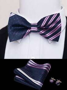 AlanKing 1set Premium Striped Bow Tie, Pocket Square, Cufflinks Suit Accessories Gift Set For Men Men Necktie