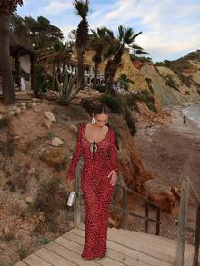 Vestito leopardato sexy con schiena scoperta e maniche lunghe con laccetti, di stile - Rosso - Visualizzare 1