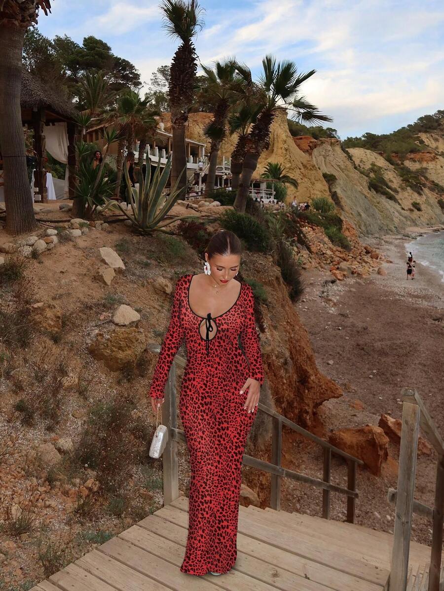 Vestito leopardato sexy con schiena scoperta e maniche lunghe con laccetti, di stile - Rosso - Visualizzare 1