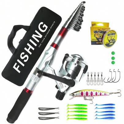 3-3.6米超大號釣竿配套套裝，伸縮式海釣旋轉魚輪誘餌套裝，釣魚旅行裝備附件袋，適合初學者