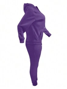 LovelyWholesale Women's Hooded Long Sleeve Pocket Solid Color Casual Daily Wear Top And Pants Set, Spring Outfit - Purple - View 9