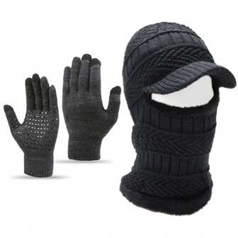 Knitted Pullover Hat + Gloves Of The Same Color, Knitted Hat For Men In Autumn And Winter Outdoor Warm Cover Face, Wool Hat For Men Cycling Collar One Thermal Lined Pullover Hat