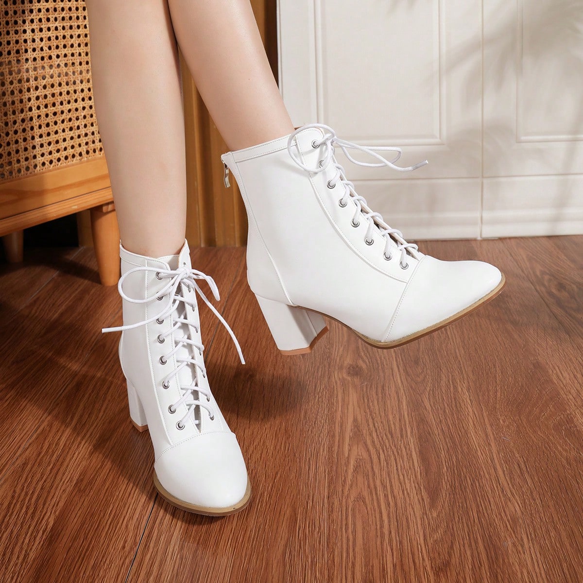 Botas de tobillo versátiles con cremallera y cordones para mujer, de unicolor, con puntera redonda y tacón ancho, de moda en Europa y Estados Unidos