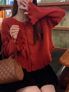 JIANHU 春季新款碎花纽扣毛边针织开衫，女士宽松甜美优雅外套，百搭长袖毛衣 - 紅色 - 查看 5