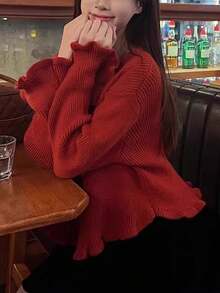 JIANHU 春季新款碎花纽扣毛边针织开衫，女士宽松甜美优雅外套，百搭长袖毛衣 - 紅色 - 查看 4