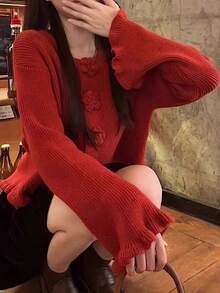 JIANHU 春季新款碎花纽扣毛边针织开衫，女士宽松甜美优雅外套，百搭长袖毛衣 - 紅色 - 查看 3