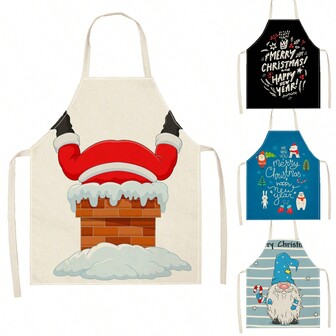 1pc Santa Claus "Merry Christmas & Happy New Year"  3D Pattern Linen Apron For Home Cooking, Kitchen Wear, And Cooking Enthusiasts