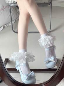 1 par de calcetines de estilo Lolita con lazo de encaje hasta el tobillo para mujeres, talla grande