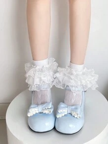 1 par de calcetines de estilo Lolita con lazo de encaje hasta el tobillo para mujeres, talla grande