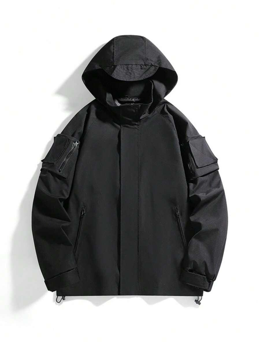 1pc Branded Waterproof Hoodie Jacket, Windproof & Breathable Sports Outerwear, Spring/Autumn - Black - View 1