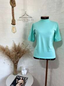 High-Neck Cotton Tshirts Inspired By Zaara Basic Plain T-Shirt Casual Stripped Women's Blouse T-Shirt 100% Cotton Tee Fashion Summer 2024 - 淺綠色 - 查看 4