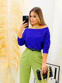 Women's Suplex Simple Long-Sleeved  Blouse For Winter - azul real - Ver 1