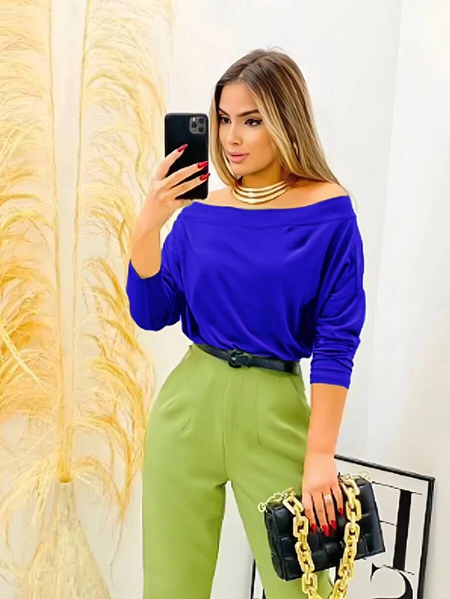 Women's Suplex Simple Long-Sleeved Blouse For Winter - azul real - Ver 1