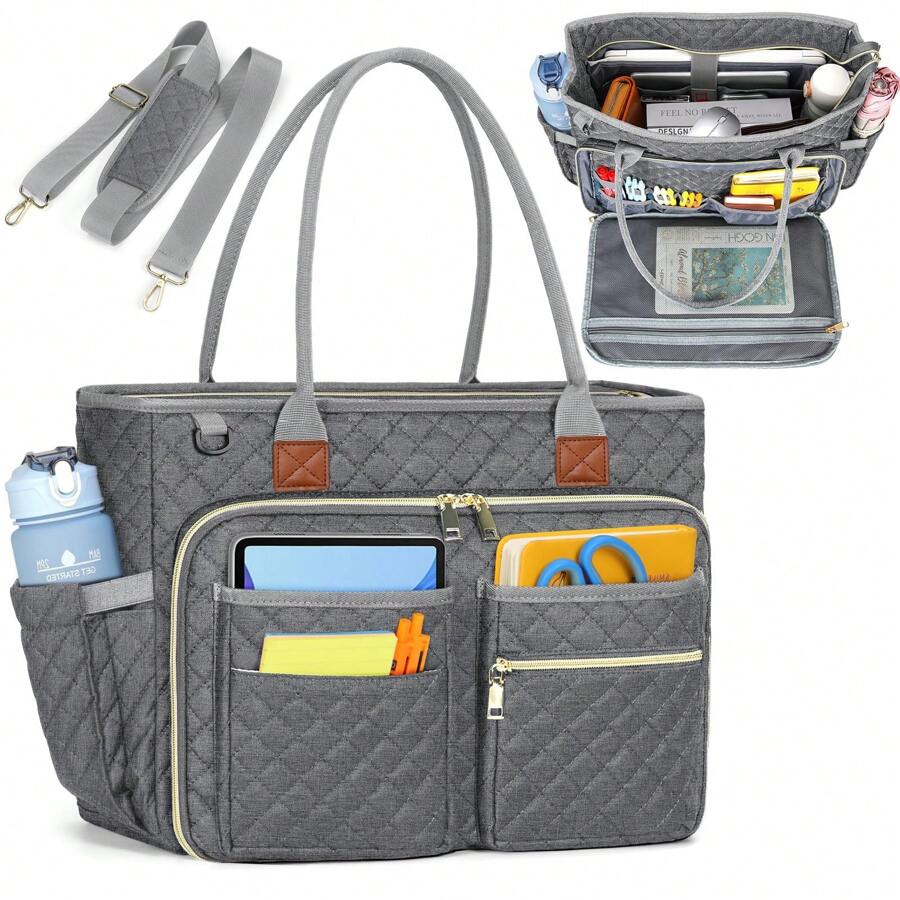 Teacher Tote Bag 15.6 Inch Laptop Bag For Women Work Bag Laptop Tote Nurse Bag Professional Computer Messenger Bag With Insulated Pocket, Laptop Briefcase For Office, College, Nursing - Xám - Xem 1