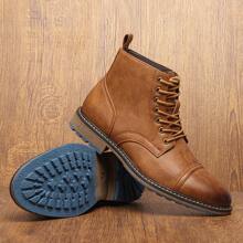Botas de trabajo retro para hombre, puntera redonda, tacón grueso, Top en dos tonos, suela de goma, costura en beige AL633 - Amarillo Mostaza - Ver 3