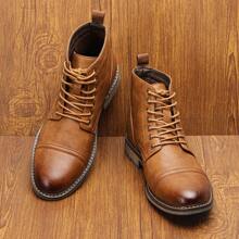 Botas de trabajo retro para hombre, puntera redonda, tacón grueso, Top en dos tonos, suela de goma, costura en beige AL633 - Amarillo Mostaza - Ver 2