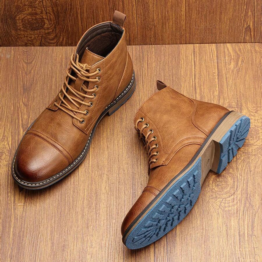 Botas de trabajo retro para hombre, puntera redonda, tacón grueso, Top en dos tonos, suela de goma, costura en beige AL633 - Amarillo Mostaza - Ver 1