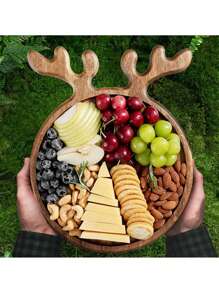 1 件圣诞木制鹿角托盘，圆形食物展示盘带手柄，可盛放奶酪、水果、面包、节日圣诞厨房礼物，适合乔迁、婚礼装饰、圣诞节