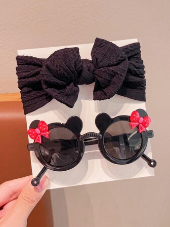 2 件套全新女童男童可爱彩色纯色条纹蝴蝶结发带蝴蝶结儿童时尚眼镜发饰套装，仅展示卡片，不发货