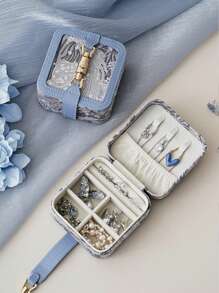 CASEGRACE 1pc High-Quality French Floral Print Leather Jewelry Box In PINK/Blue, Adorned With A Metal Lock Clasp. Jewelry Travel Case For Pearls Rings, Earrings, Necklaces, Bracelets, Other Jewelry Items- Jewelry Organizer For Women And Girls . With Its Gentle Colors, It Is Perfect For Organizing Wedding Accessories, Serving As Wedding Decor And Bridesmaid Gift. Christmas Gifts For Girlfriends, Etc. A Top Choice For Home Decor, Party Decorations, And Birthday Embellishments. Back To School