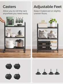 SONGMICS 3-Tier Metal Storage Rack With Wheels, Mesh Shelving Unit With X Side Frames, 23.6-Inch Width, For Entryway, Kitchen, Living Room, Bathroom, Industrial Style, Black - màu đen - Xem 2