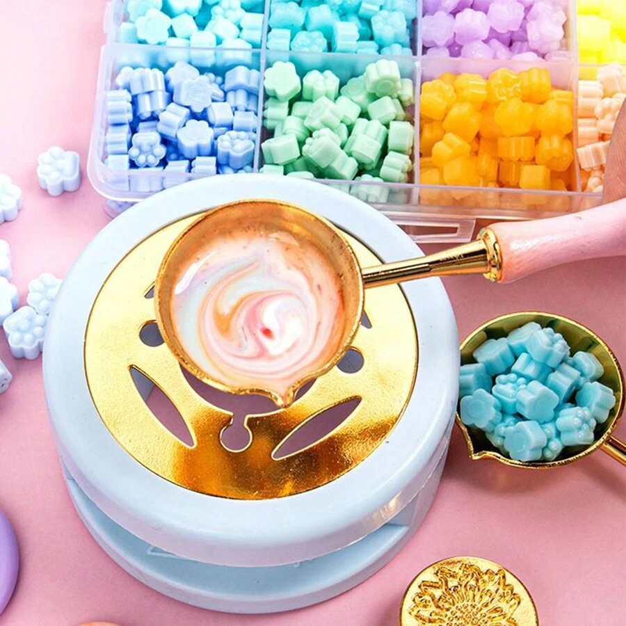 Bộ nồi nấu chảy dấu sáp cổ điển, Bộ giữ ấm tem cổ điển, Dụng cụ niêm phong phong bì, Phụ kiện sổ lưu niệm dành cho sinh viên, Bao gồm bát, thìa, nến, Dụng cụ tự làm cho người mới bắt đầu - Nhiều màu - Xem 1