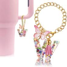 带手柄杯子字母吊饰配件，可爱首字母钥匙扣手柄吊饰带蝴蝶，适用于女士女孩的玻璃杯