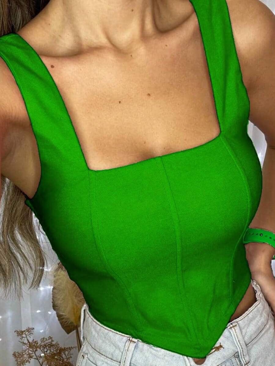 Cropped Top Women's Straight Neckline V-Point Wide Strap - 綠色 - 查看 1