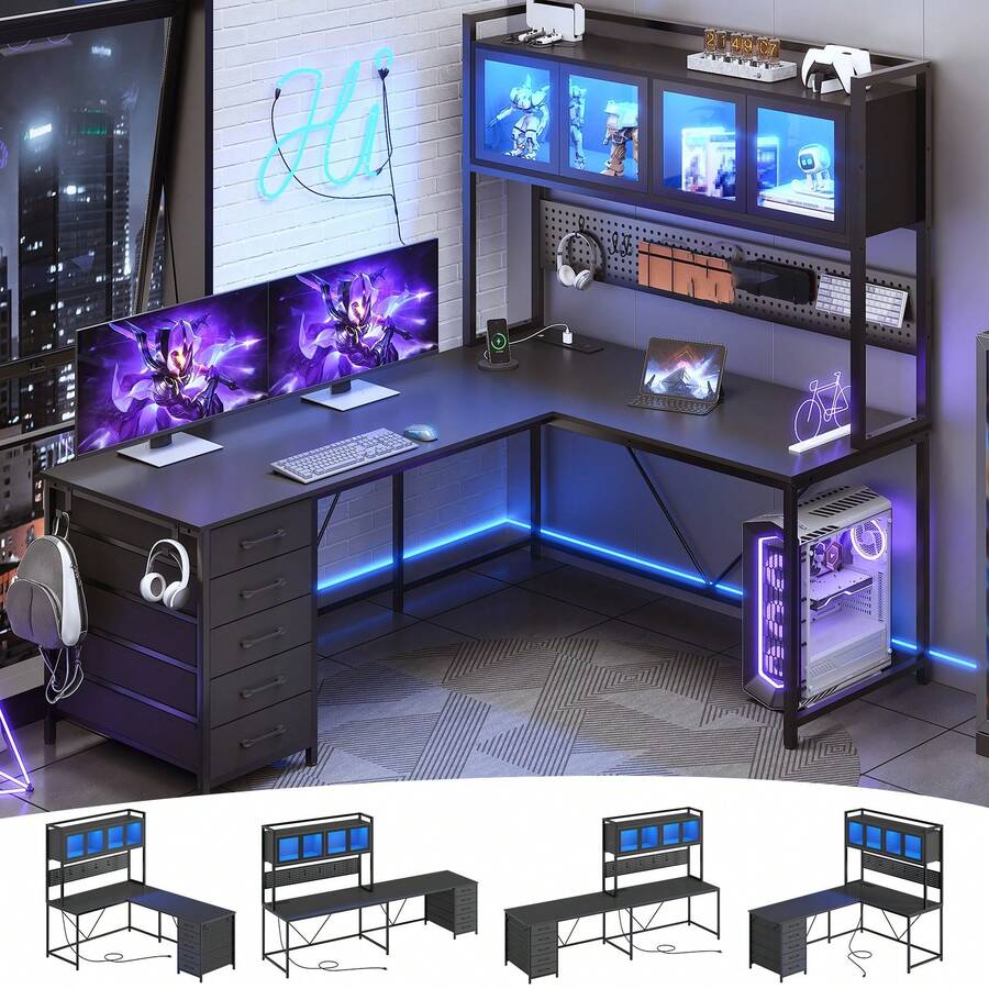 L Shaped Gaming Desk With LED Lights And 4 Drawers, Computer Desk With ...