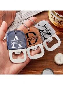 Customized Logo Pu Leather Stainless Steel Keychain Laser Engraved Beers Bottle Opener Key Chains Vintage Retro Keyring Gifts