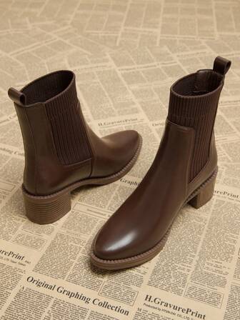 2 Colors 2024 Fall/Winter New Pointy Toe Short Boots For Women, Chunky Heel Thick Sole Slip-On Ankle Boots, Brown & Black