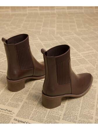 2 Colors 2024 Fall/Winter New Pointy Toe Short Boots For Women, Chunky Heel Thick Sole Slip-On Ankle Boots, Brown & Black