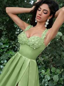 Faeriesty Applique Detail Sweetheart Neck Satin Formal Dress - Green - View 8