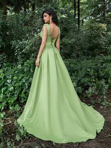 Faeriesty Applique Detail Sweetheart Neck Satin Formal Dress - Green - View 3